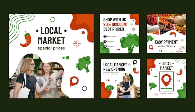 Post di instagram piatto disegnato a mano sul mercato locale