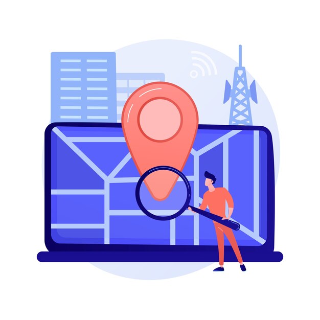 Location based promotion. Geolocation software, online gps app, navigation system. Geographic restriction. Man searching address with magnifier concept illustration