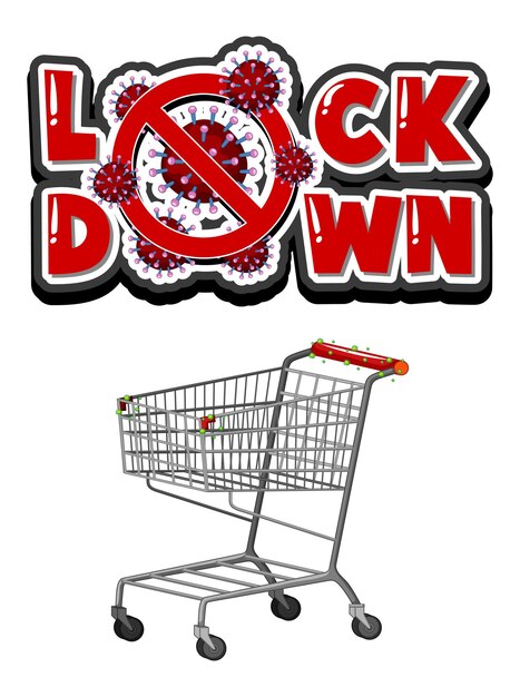 Lock down font design with shopping cart isolated on white background