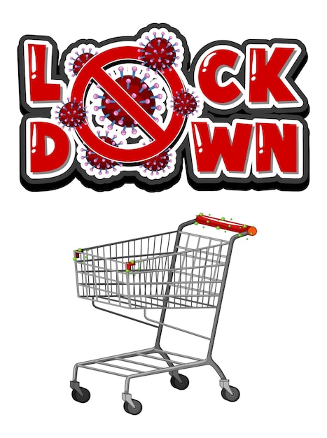 Lock down font design with shopping cart isolated on white background