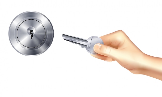 Lock and key realistic concept with metallic door keyhole and hand holding key