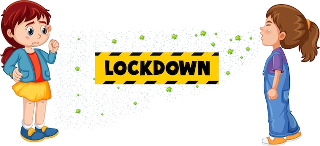 Lockdown font in cartoon style with a girl look at her friend sneezing isolated on white