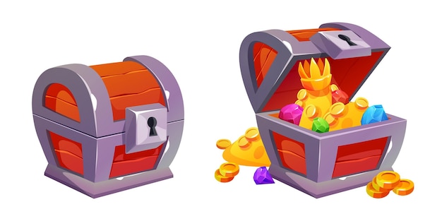 locked and open chest with golden treasure