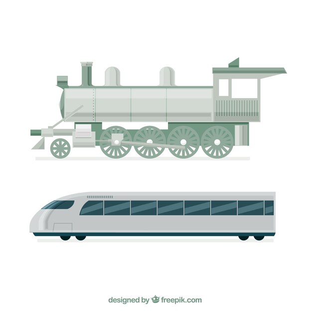 機関車とフラットデザインの現代列車