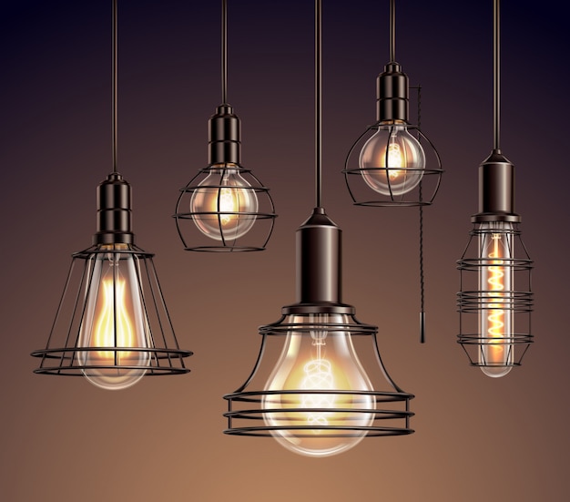 Free vector loft edison vintage metal wire frame hanging  lamps with soft glowing light bulbs realistic set