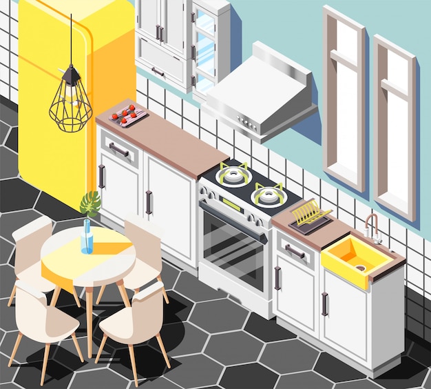 Loft Interior Isometric Background With Indoor View Of Modern Kitchen With Furniture Cabinetry Fridge And Table