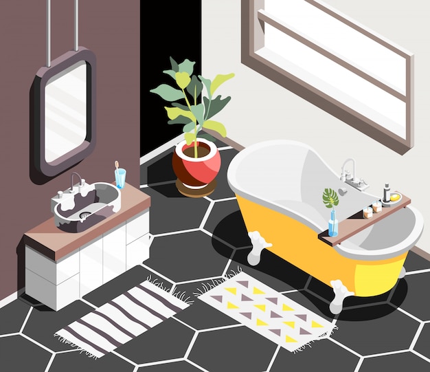 Free vector loft interior isometric background with modern bathroom environment with horizontal window bath and sink with mirror