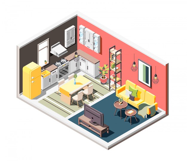 キッチンとリビングゾーンに分割された居心地の良いスタジオアパートメントの概要を示すロフトのインテリア等尺性構成
