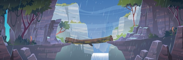 Free vector log bridge between mountains above cliff at rainy weather