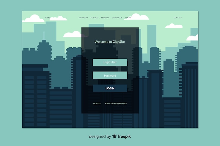 Free Vector log in landing page with city background