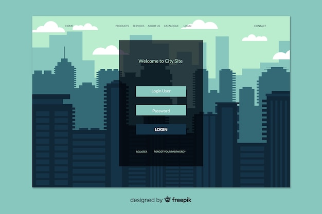 Log in landing page with city background