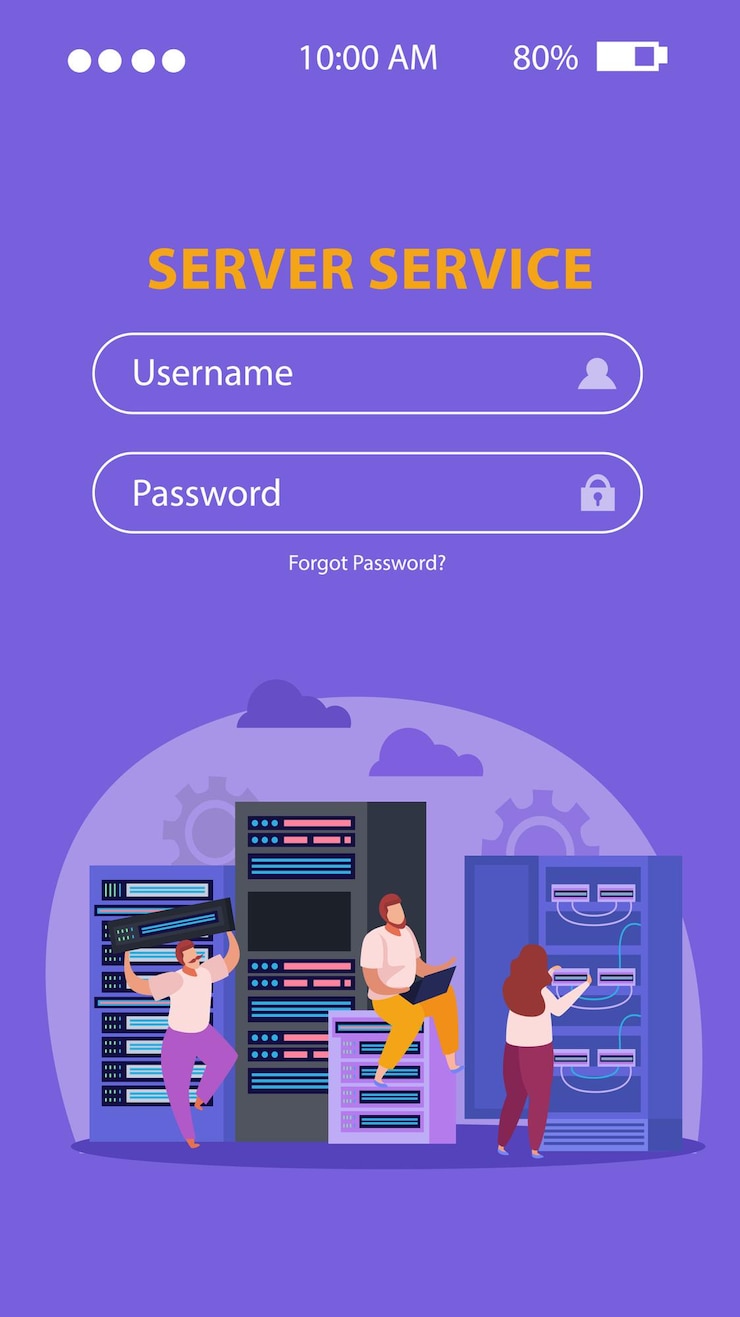 Free Vector login form and system administrators fixing problems in server room