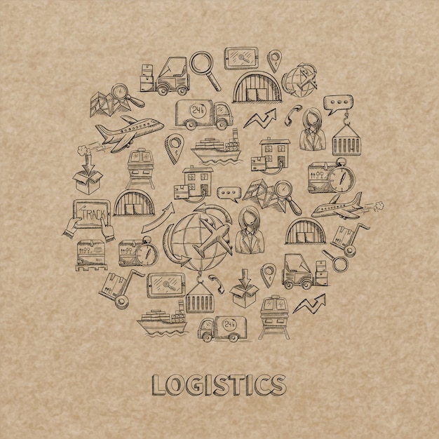 Il concetto logistico con consegna di schizzo e le icone decorative di trasporto su fondo di carta vector l'illustrazione