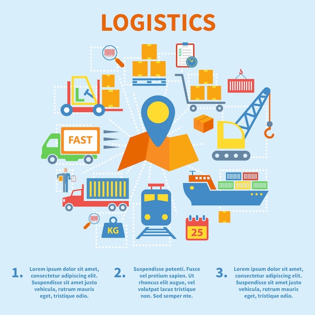 Vettore gratuito icone piatte infografiche logistiche impostate con illustrazione vettoriale pin