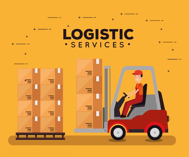 Vettore gratuito servizi logistici con carrello elevatore e lavoratore