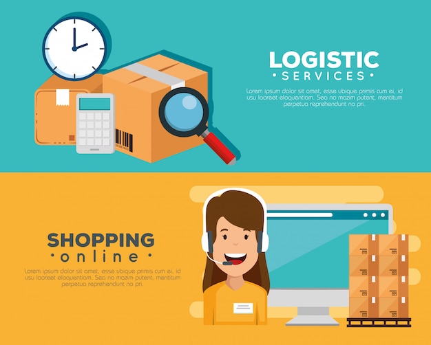 Free vector logistic services with support agent and computer banner set