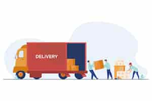 Free vector logistic workers delivering meds. warehouse employees loading truck with pills flat illustration