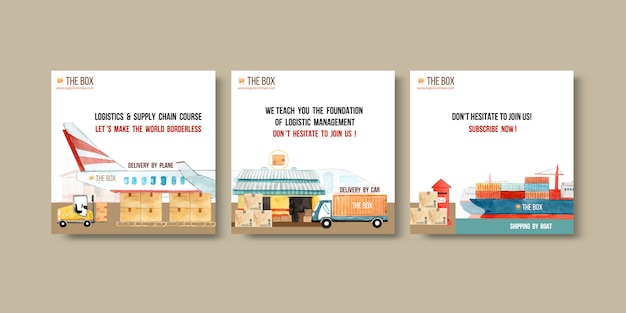 Free vector logistics ads design with plane, box, forklift, creative bright watercolor set illustration.