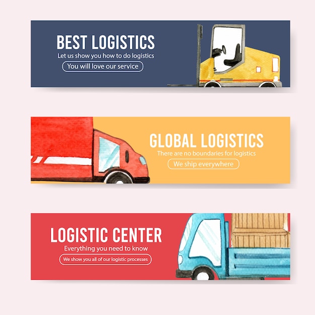 Logistics banner design with car, box watercolor illustration.