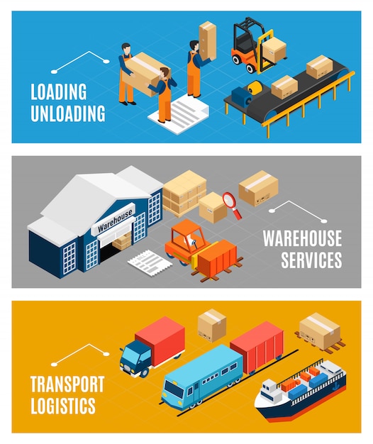 Free vector logistics banners set with warehouse building and freight transport 3d