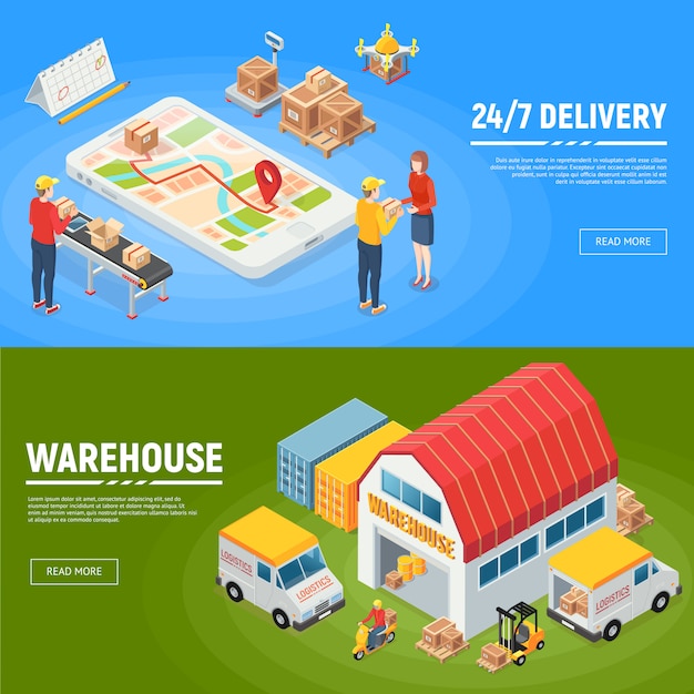 Free vector logistics horizontal banners warehouse delivery trucks workers packed goods for round the clock service isometric