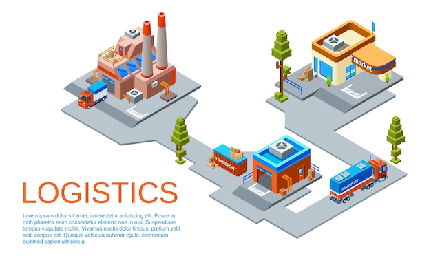 Free vector logistics and transportation business concept. route from goods manufacturing plant