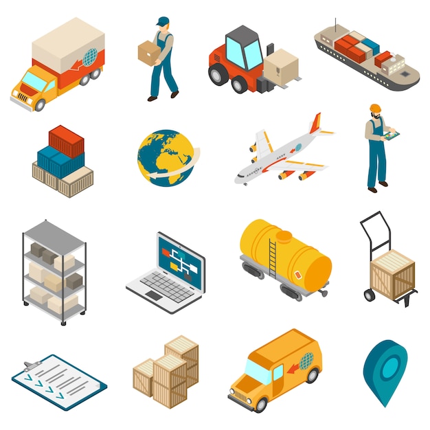 Raccolta isometrica delle icone di simboli del trasporto di logistica