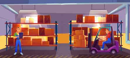 Free vector logistics, warehouse interior with worker driving forklift and inspector checking list of delivered cargo