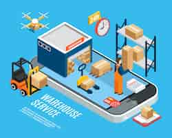 Free vector logistics with warehouse delivery service on blue 3d isometric illustration