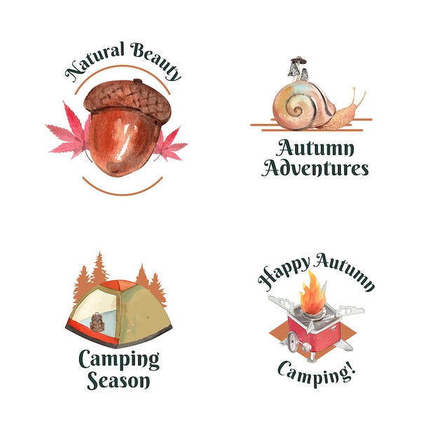 Logo design set with autumn camping concept, watercolor style