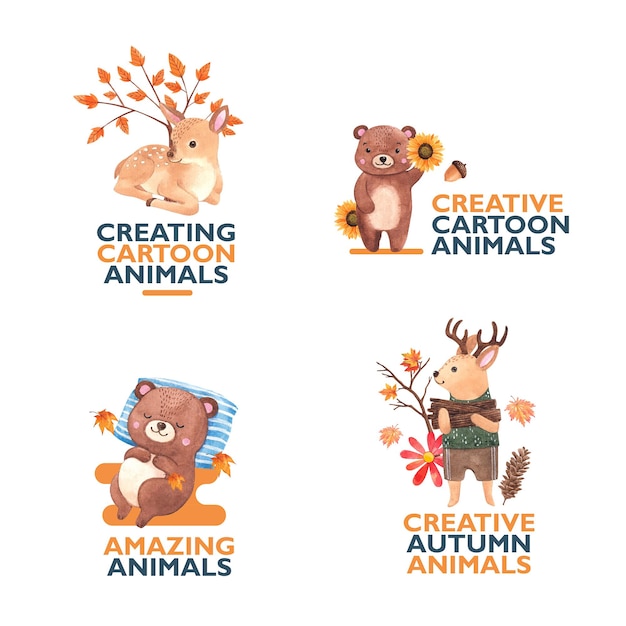 Logo design with autumn animal in watercolor style