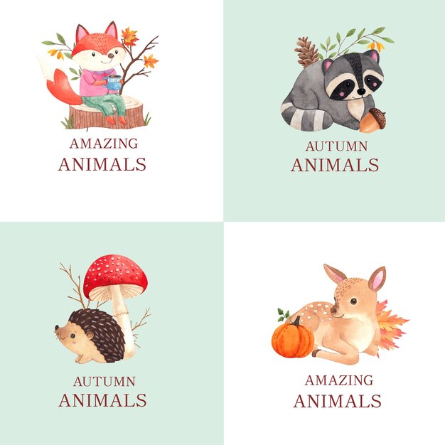 Logo design with autumn animal in watercolor style