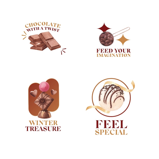 水彩ベクトルイラストのブランディングとマーケティングのためのチョコレート冬のコンセプトのロゴデザイン 無料ベクター
