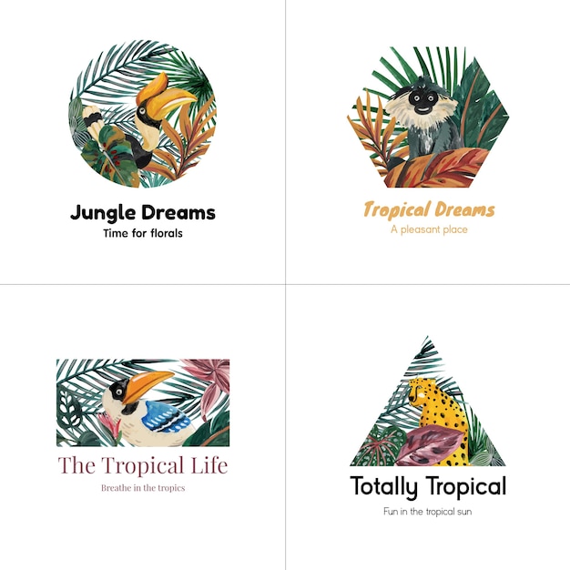 水彩イラストのブランディングとマーケティングのための熱帯の現代的なコンセプトのロゴデザイン