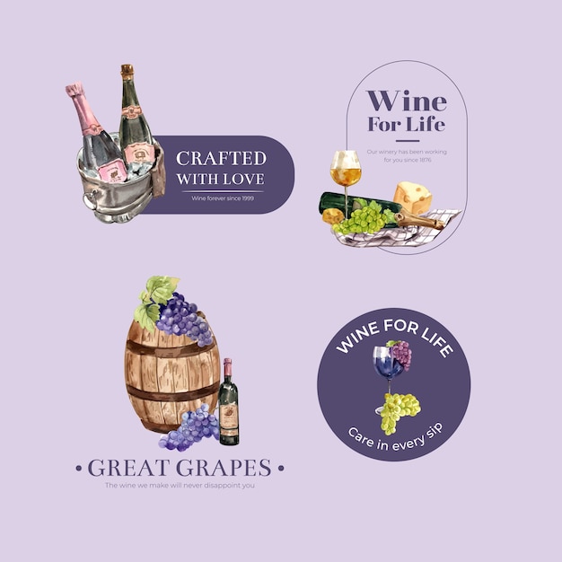 Logo design con il concetto di azienda vinicola per il branding e il marketing illustrazione dell'acquerello.