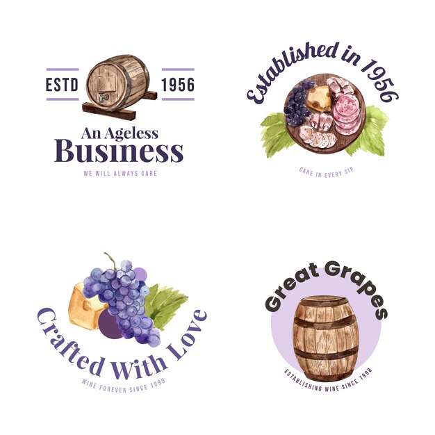 브랜딩 및 마케팅 수채화 그림을위한 와인 농장 개념 로고 디자인.