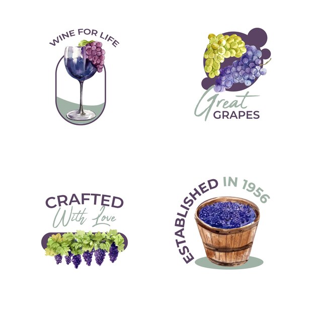 Vettore gratuito logo design con il concetto di azienda vinicola per il branding e il marketing illustrazione dell'acquerello.