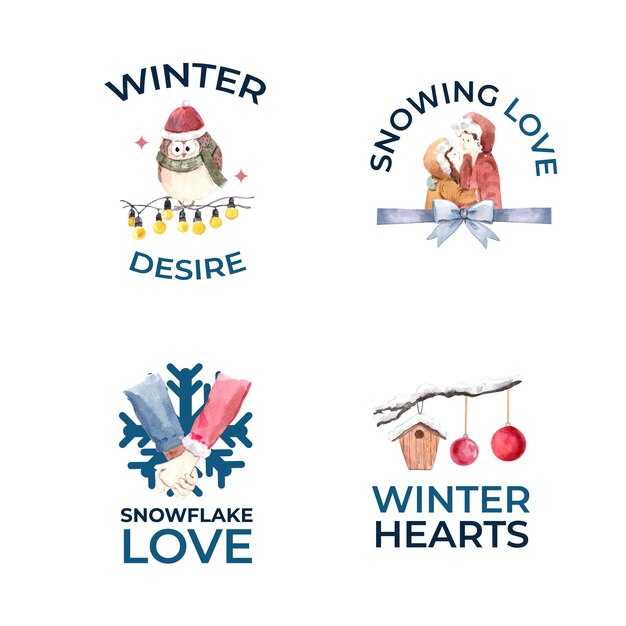 ブランディング、マーケティング、アイコンの水彩ベクトル図の冬の愛の概念とロゴのデザイン