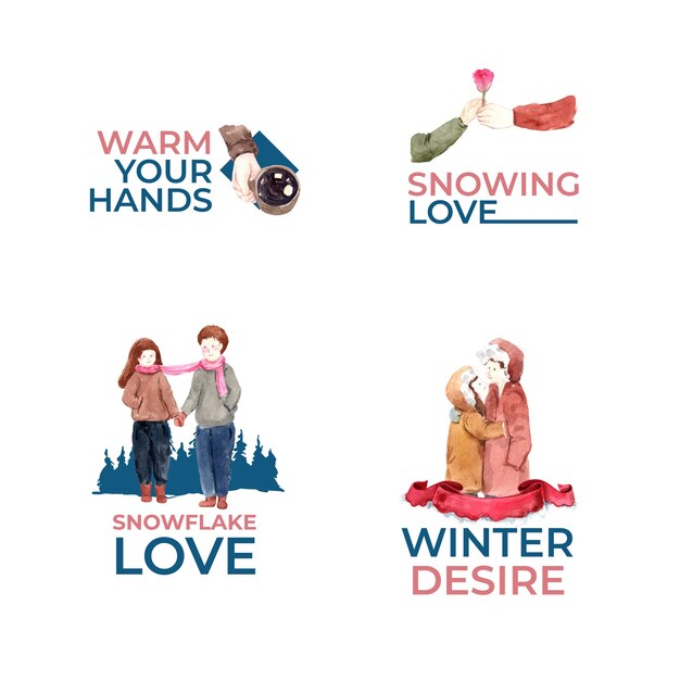 ブランディング、マーケティング、アイコンの水彩ベクトル図の冬の愛の概念とロゴのデザイン