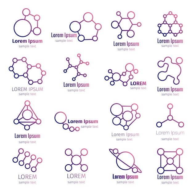 Vettore gratuito ricerca scientifica di logo, insieme dell'icona di logo di scienza. logo di scienza e ricerca, logo di chimica scientifica, biologia e chimica. illustrazione vettoriale