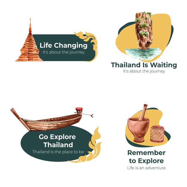 Логотип с концепцией путешествия в Таиланд для брендинга и маркетинга в акварельном стиле