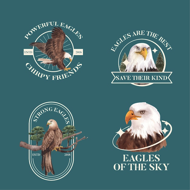 Logo Template With Bald Eagle In Watercolor Style