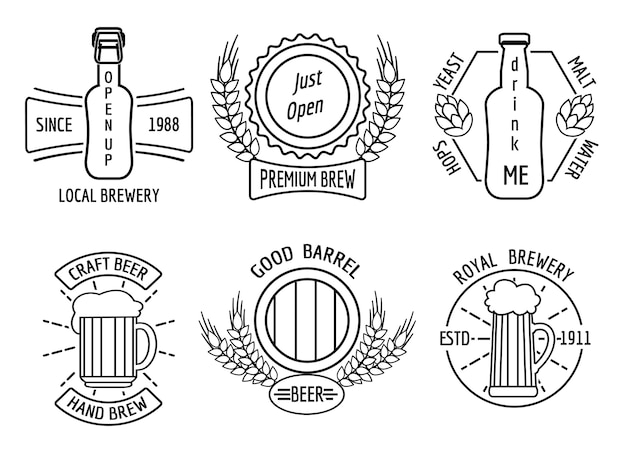шаблоны логотипов для пивоварни и крафтовой пивоварни в линейном стиле