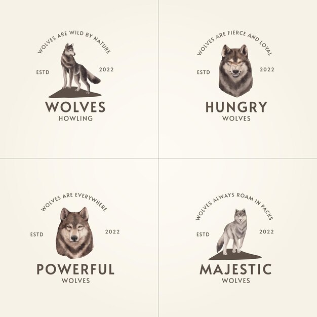 Шаблоны логотипов с волком зимой в стиле акварели