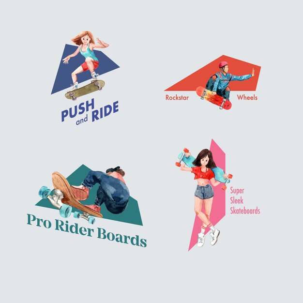 Logo with skateboard design concept for brand and marketing watercolor vector illustration.