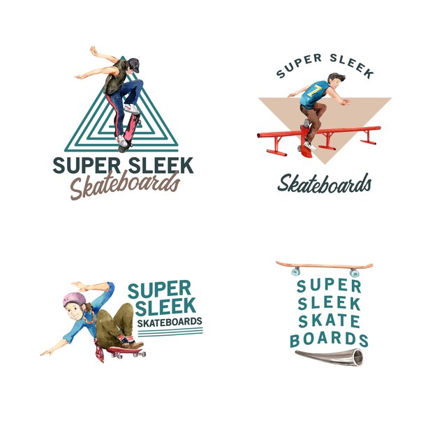 Logo with skateboard design concept for brand and marketing\
watercolor vector illustration.