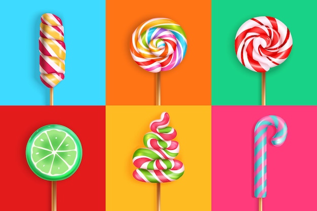 Lollipop candies with spiral rainbow set