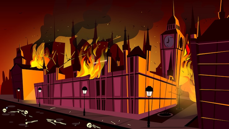 Free Vector london in fire of plague epidemic illustration. london city burning at plague disease