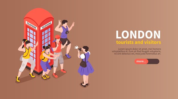 Insegna orizzontale di londra con turisti e visitatori fotografati accanto alla cabina telefonica rossa isometrica