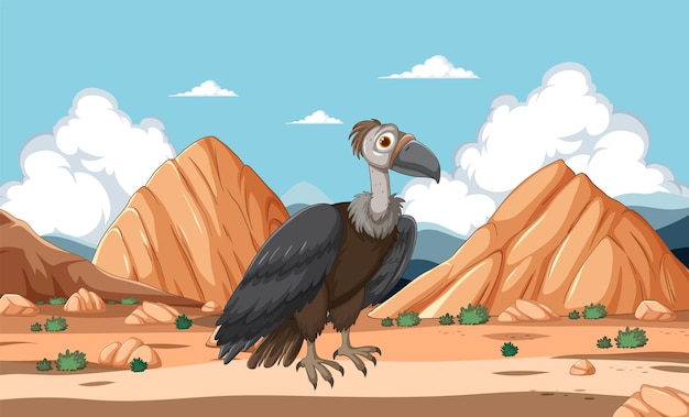 Lone vulture in a desert landscape